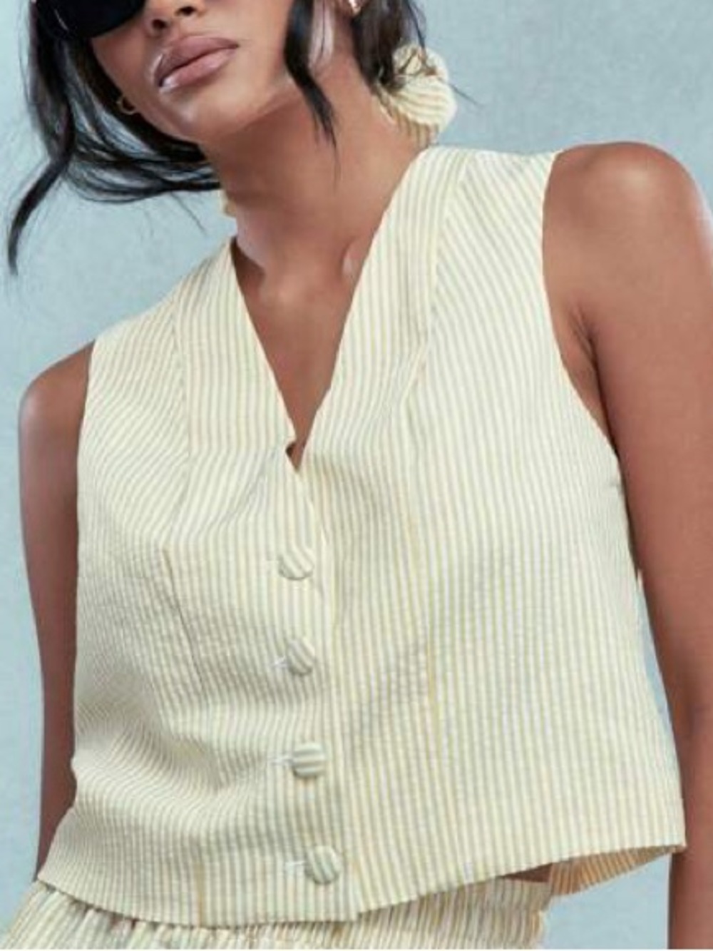 Missguided Street Textured Ribbed Button Vest Top Yellow and White Stripe